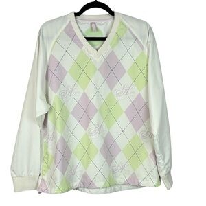 Abacus Argyle Pastel Long Sleeve V Neck Pockets Outdoor Golf Top XL White Lilac